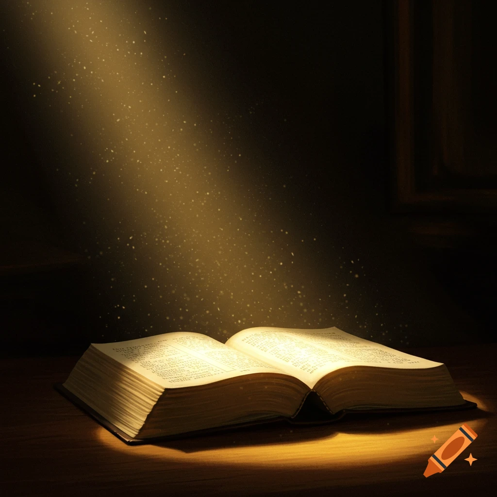An open book on a table is illuminated by a strong ray of light with dust motes.