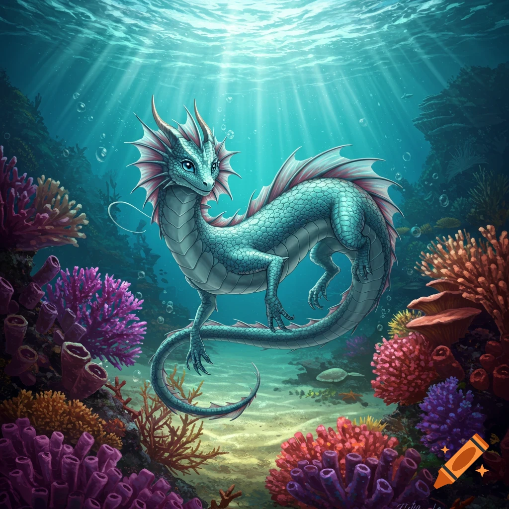 Illustration of a sea dragon swimming among colorful coral on the ocean floor.