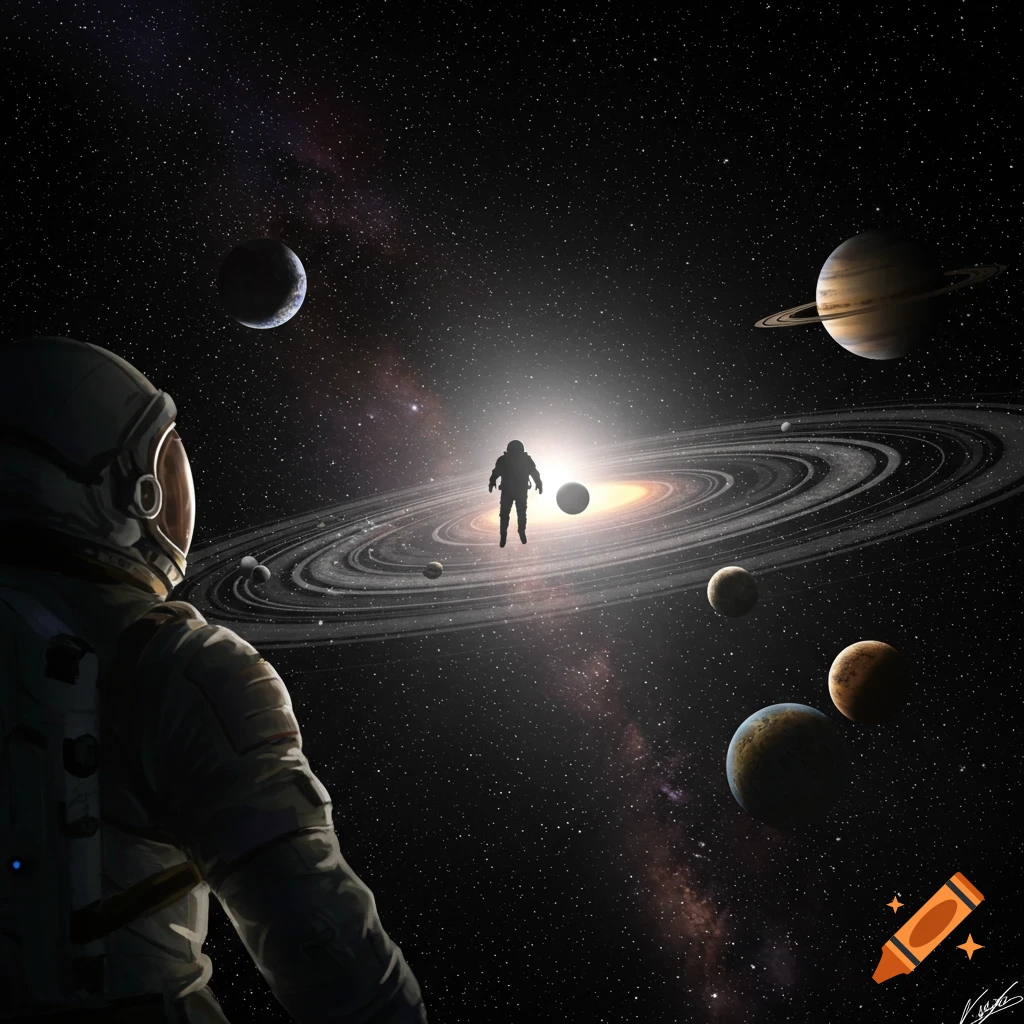 An astronaut in space looks at another astronaut floating near a large, bright ringed celestial object surrounded by planets.