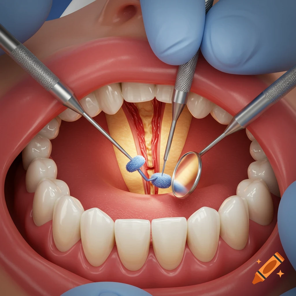 Close-up view of a hyper-realistic root canal procedure with dental tools inside a mouth.