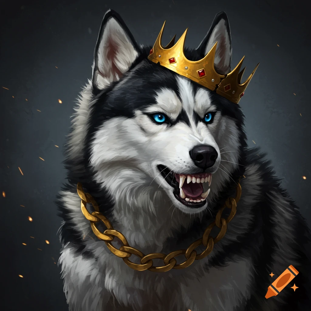 Stylized illustration of a fierce husky wearing a golden crown and chain
