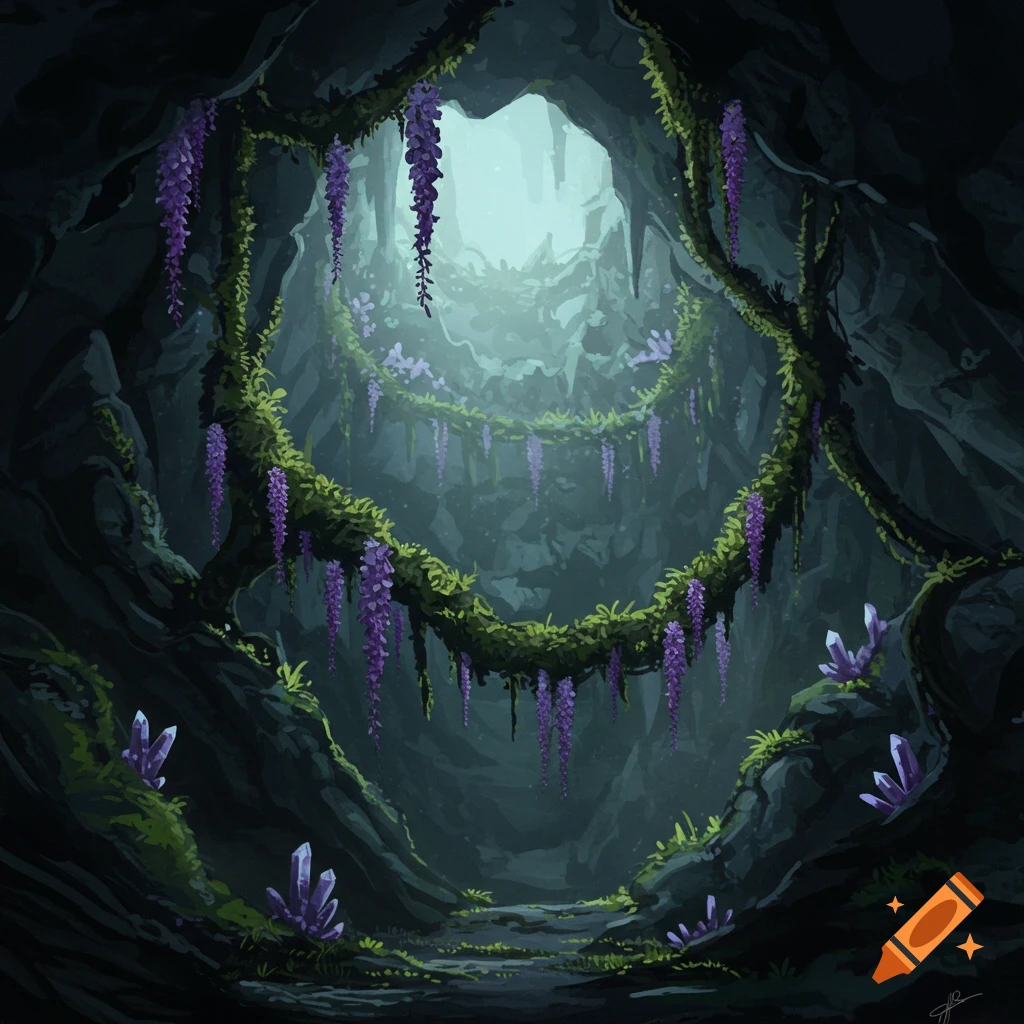 Interior view of a dark cave with vines, purple wisteria flowers, and purple crystals, lit from an opening above.