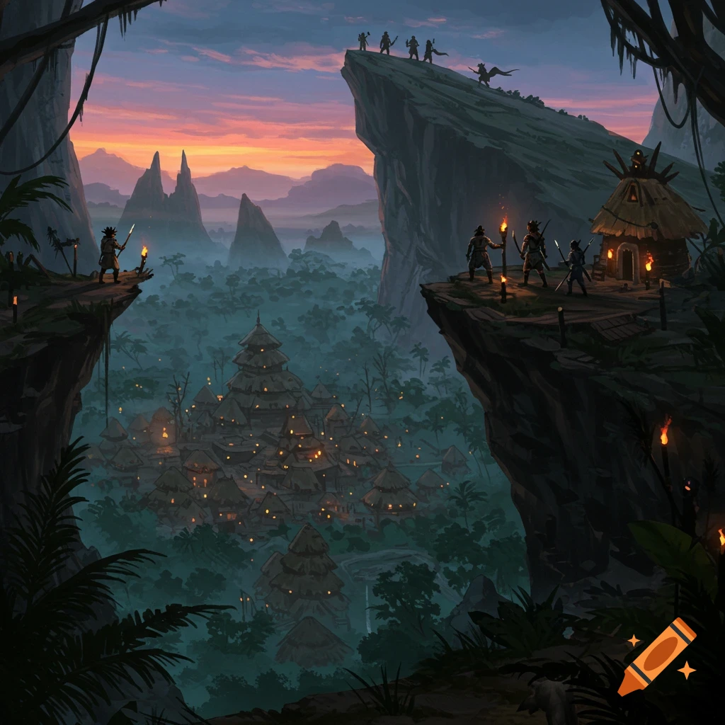 A tribal village in a jungle valley at twilight, viewed from a cliff with torchlit figures.