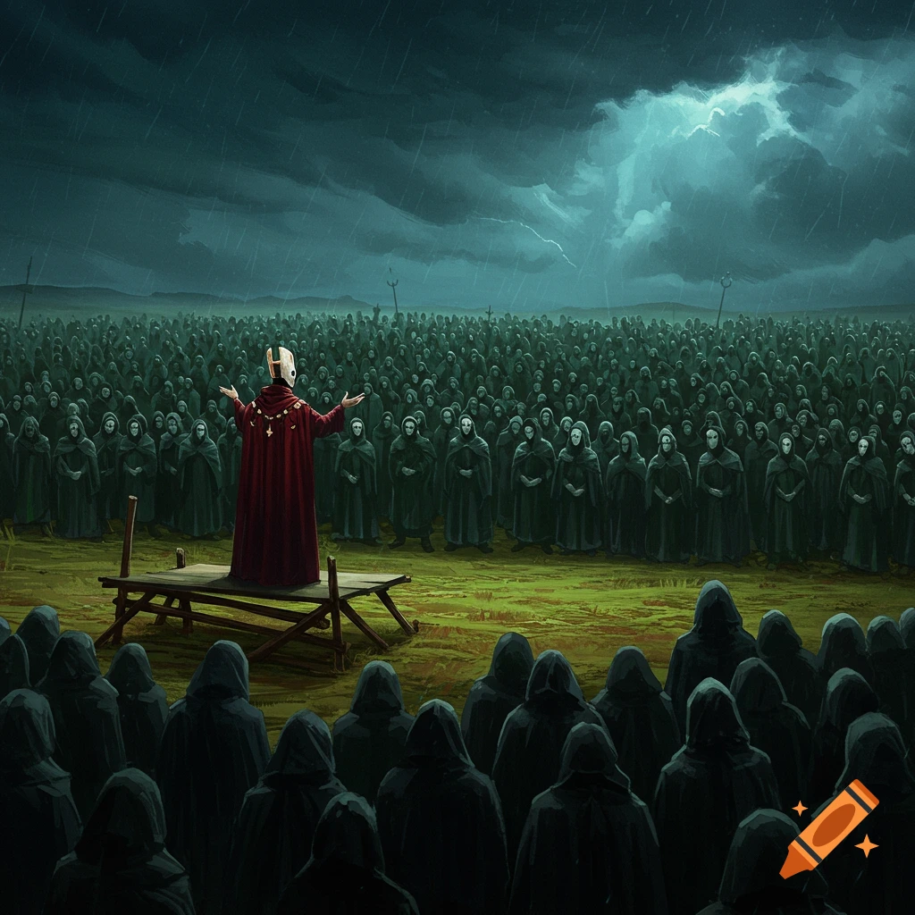 Masked figure in red cape preaches from a platform to a vast crowd in black cloaks under a dark, stormy sky in a field.