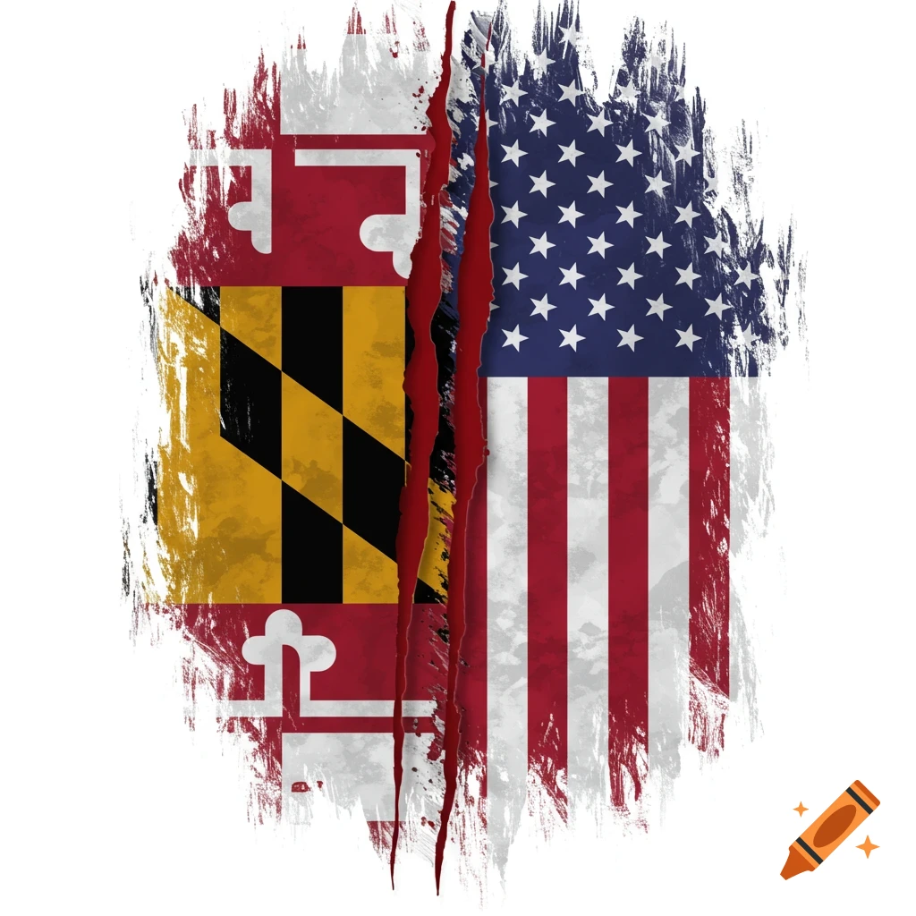 A digital illustration of the Maryland flag and the American flag tearing and blending together in a tattered, brushed style.