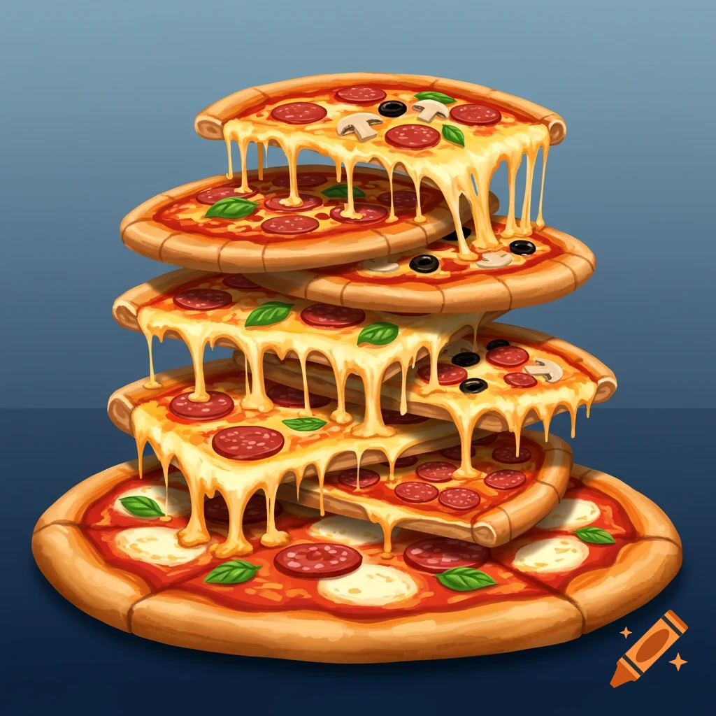 An illustration of a tall stack of pizzas dripping with melting cheese and toppings.