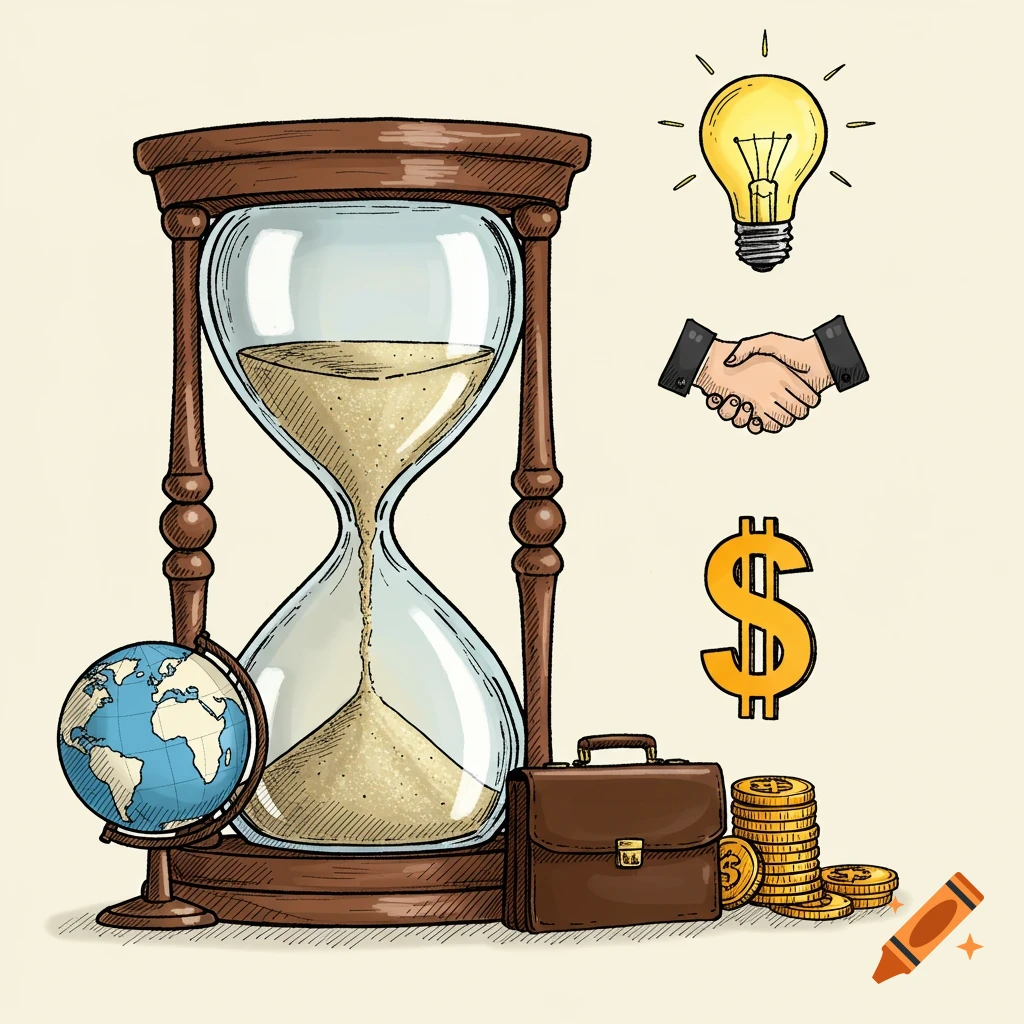 Drawing of an hourglass, globe, briefcase, dollar sign, light bulb, and handshake.