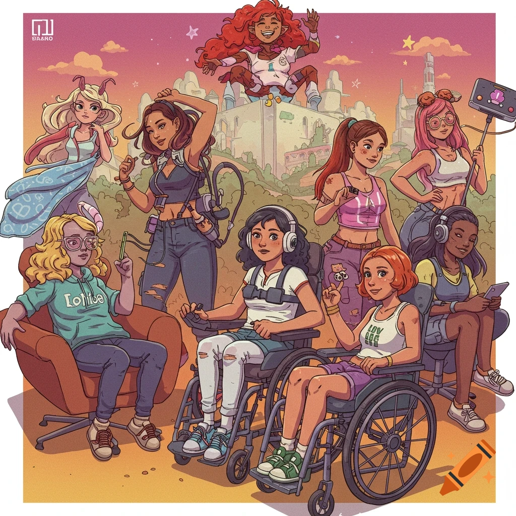 Illustration of diverse women, some in wheelchairs, with headphones and tech, representing accessibility in gaming.