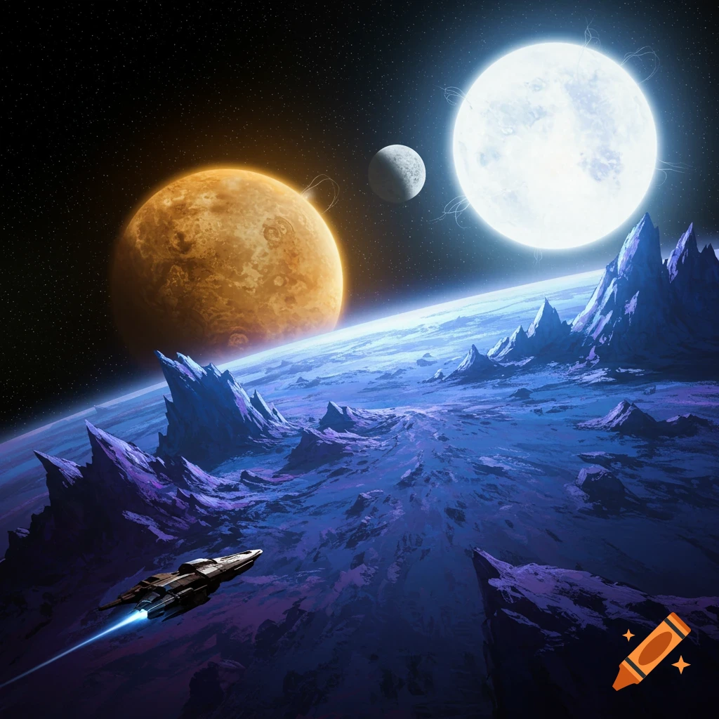 A spaceship flies over a rocky blue and purple planet with two suns and a moon in the dark sky.