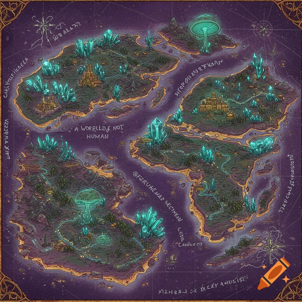 A stylized map illustration of islands with crystals, giant mushrooms, and buildings on a purple background.