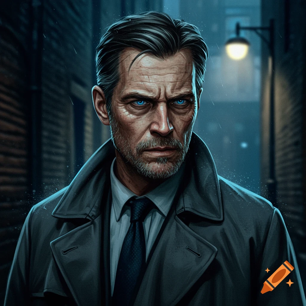 Portrait of a man with blue eyes in a trench coat standing in a rainy alley