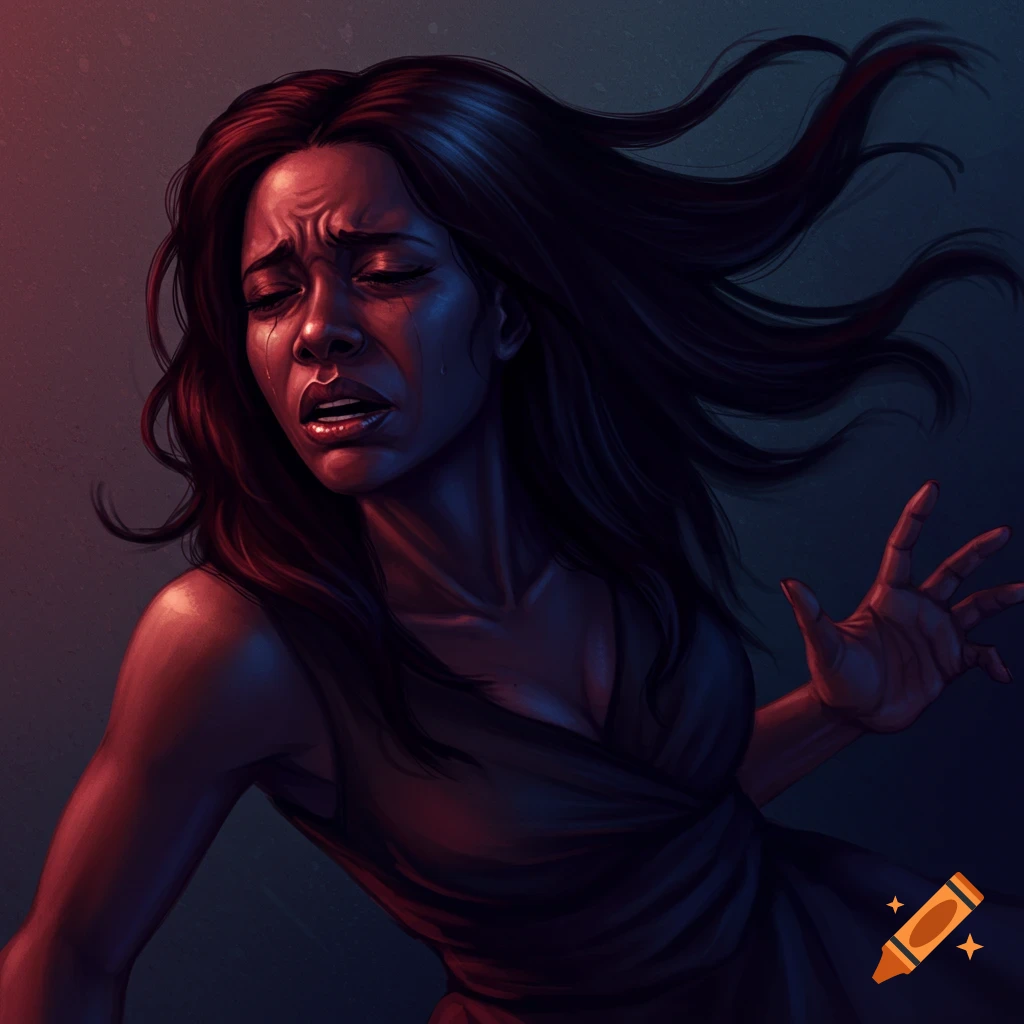 A Black woman crying in pain, reaching out.