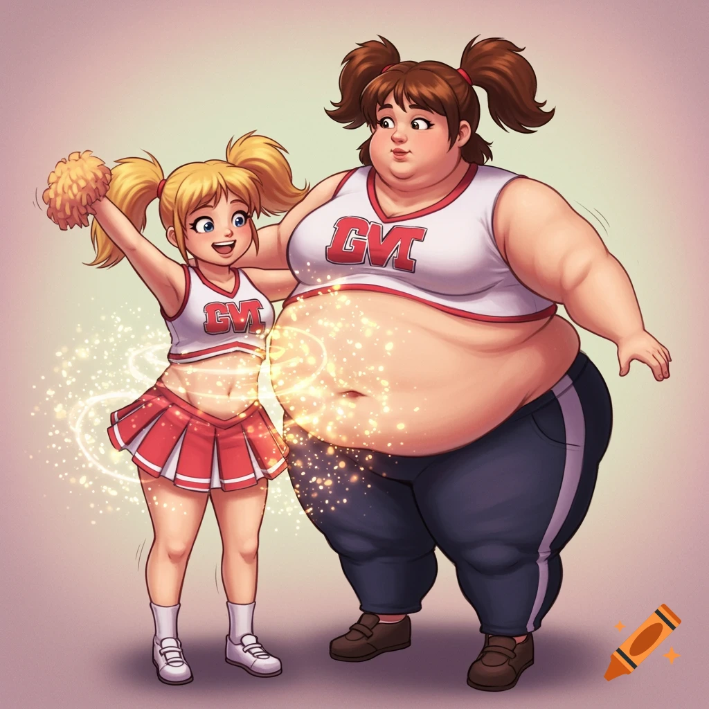 Cartoon illustration of a small cheerleader helping a large cheerleader with sparkling magic around her belly.