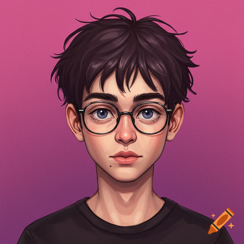 Illustrated portrait of a young person with glasses against a pink and purple background.