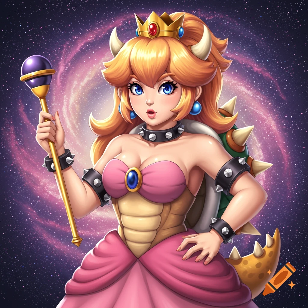 Bowsette, a character resembling Princess Peach and Bowser, stands in a fantasy outfit against a galaxy background.