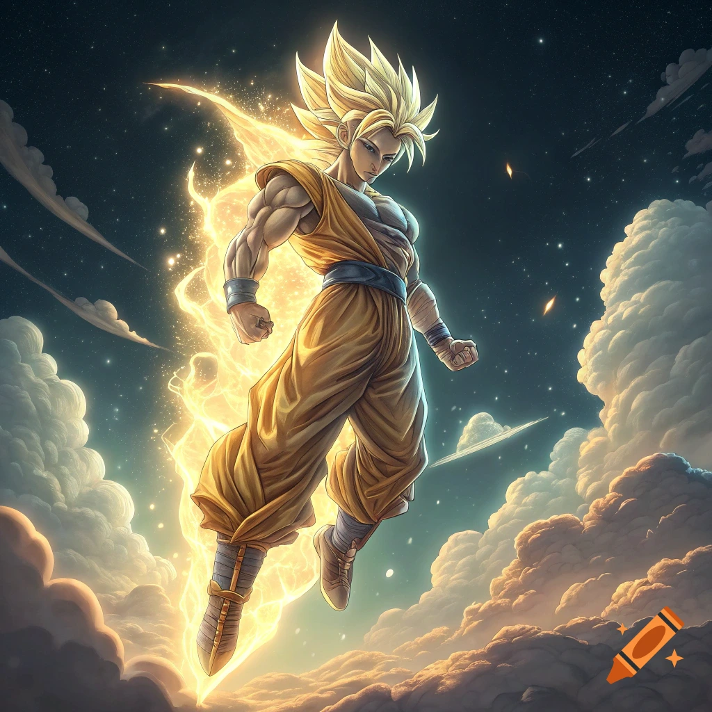 Goku in Super Saiyan form floating in the sky surrounded by golden energy and clouds.