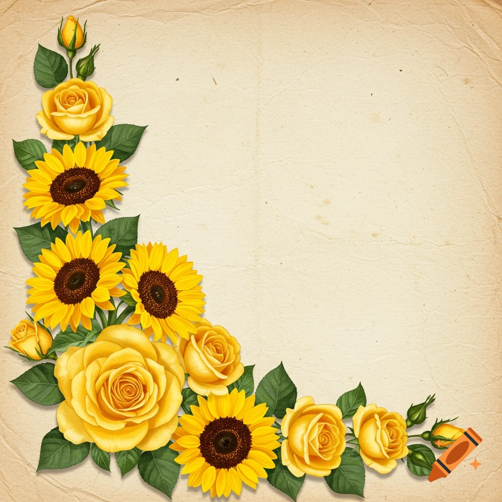 Yellow roses and sunflowers arranged in a corner graphic on aged paper background.