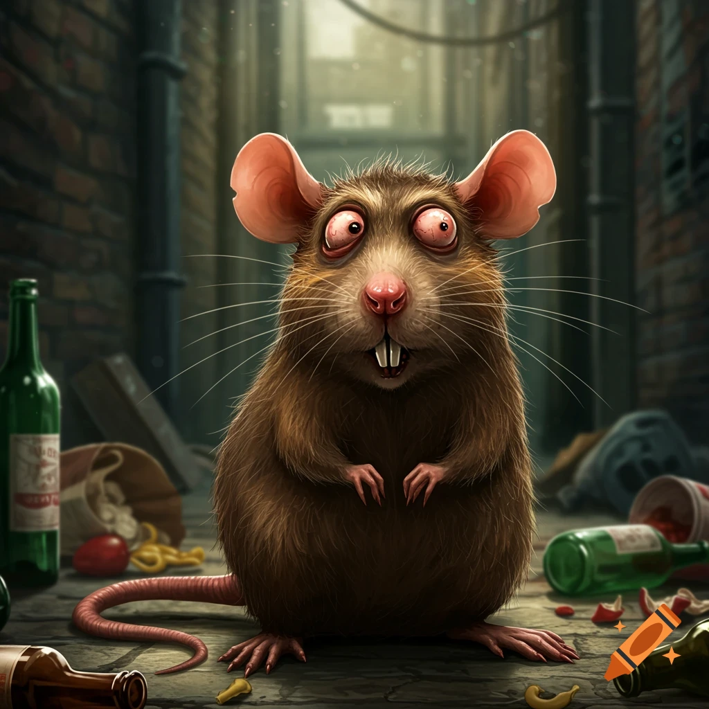 Stylized cartoon rat with wide eyes sitting in a dirty alley surrounded by trash and empty bottles.