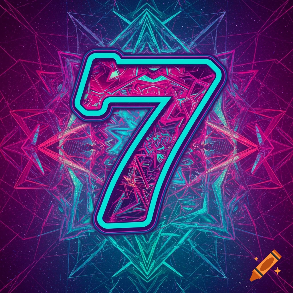 A large neon number 7 on a background of trippy geometric patterns in pink, blue, and purple.