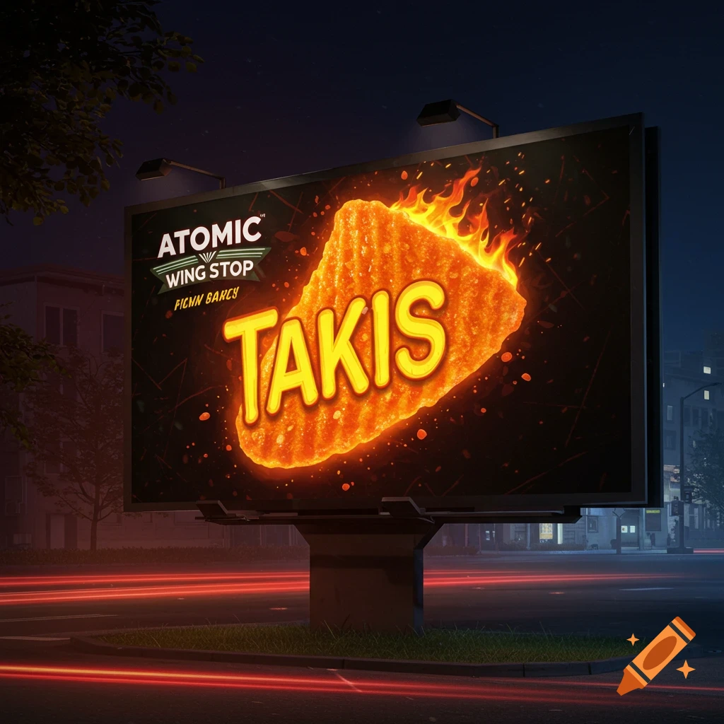 Billboard advertisement for Atomic Wing Stop Takis featuring a burning chip on a street at night.