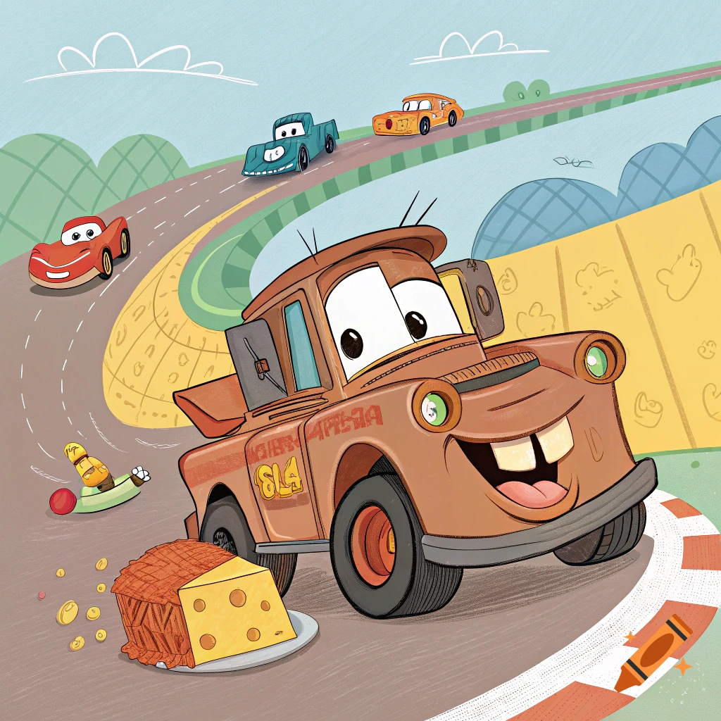 Cartoon image of Mater the tow truck racing on a track with other Cars characters and a large cheese slice.