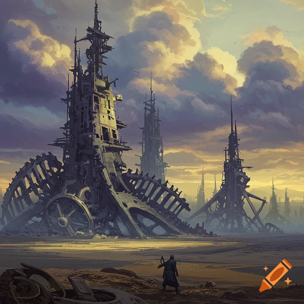 Desolate landscape with large ruined structures and lone figure, Beksinski style.