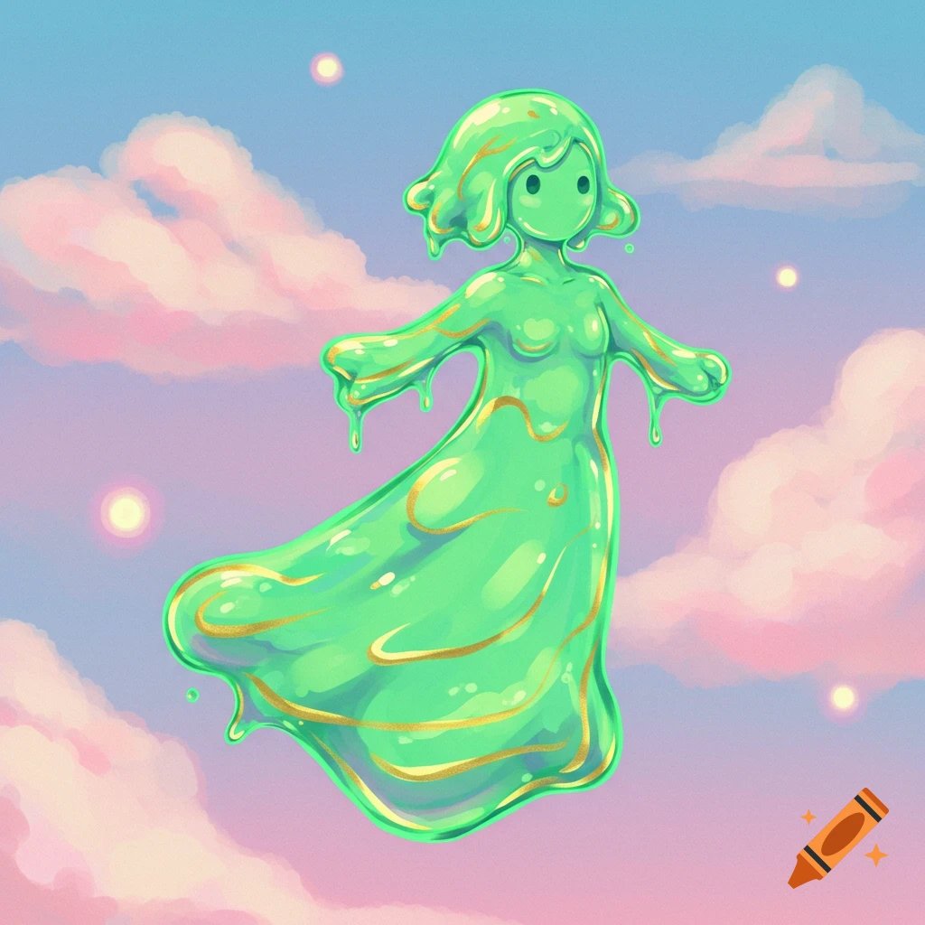 Green slime creature floating in a pink and blue sky with clouds and stars