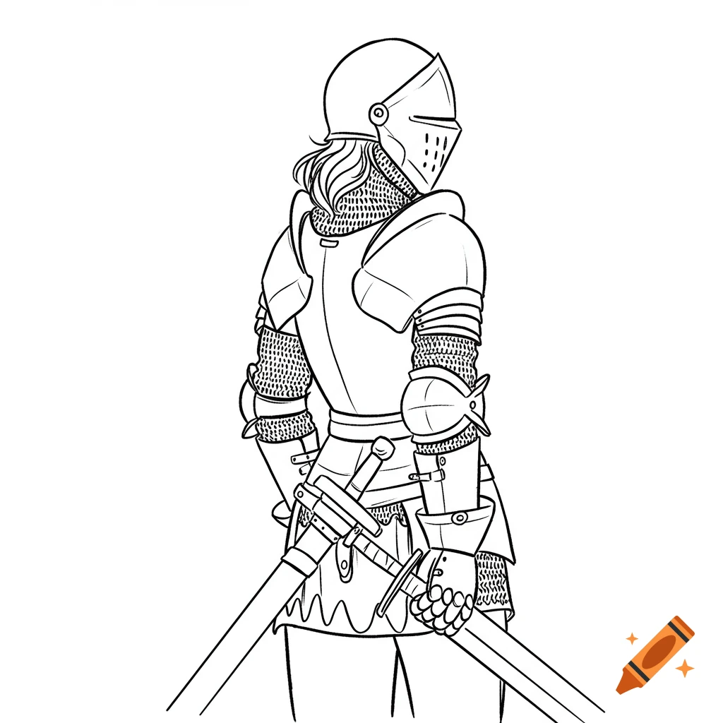 Black line drawing of a knight in full armor holding two swords, viewed from the back.