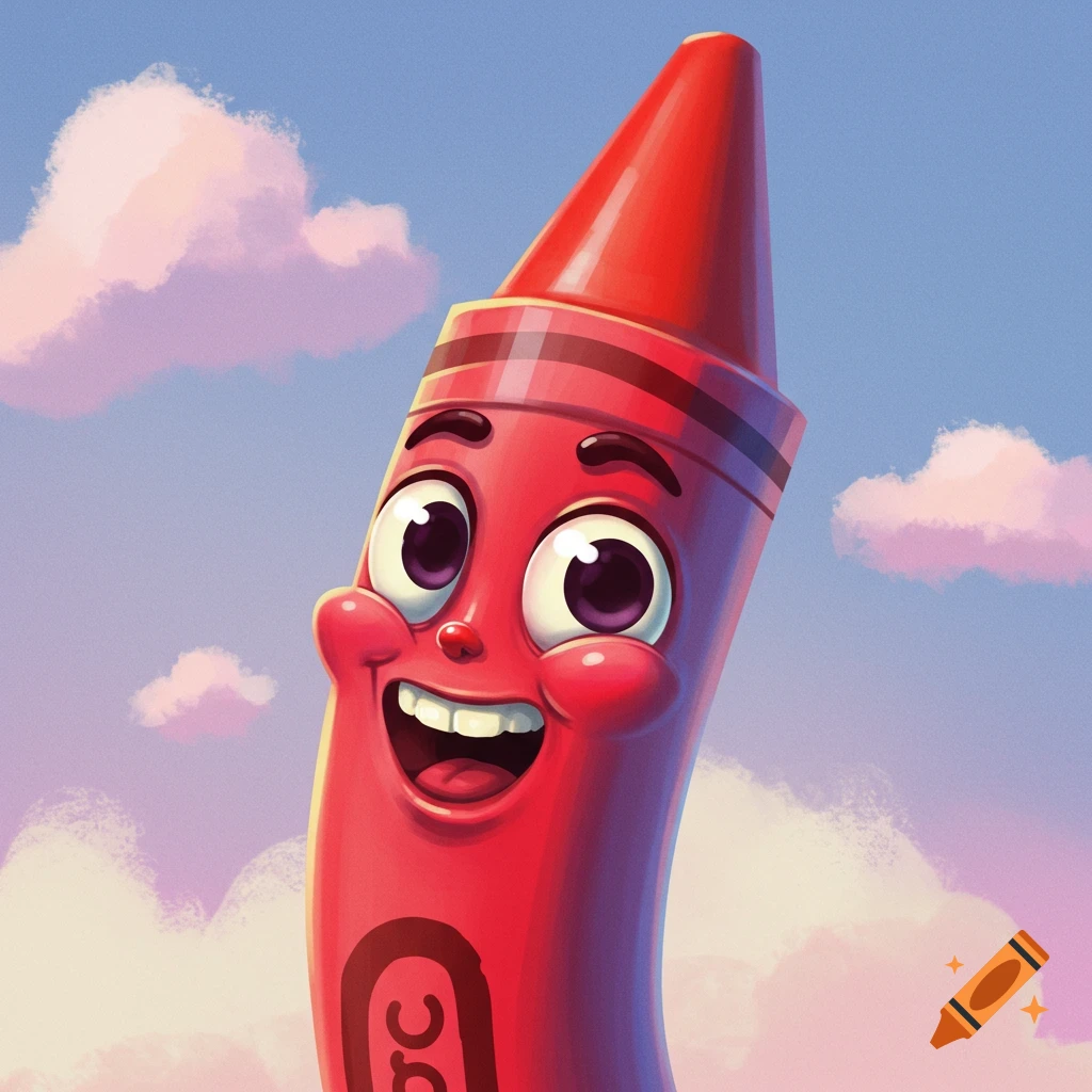 A cartoon red crayon character is smiling against a bright sky background.
