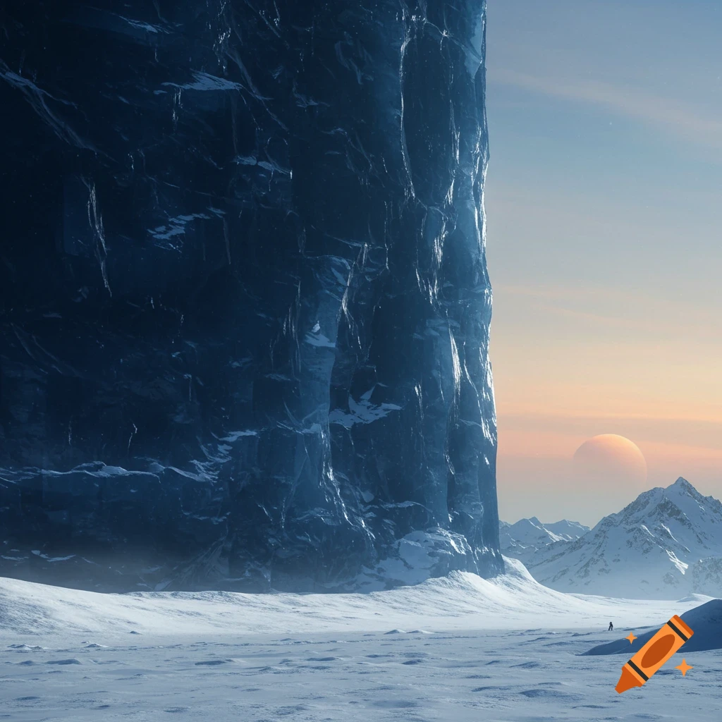 A massive dark blue ice wall overlooks a snowy alien landscape with mountains and an orange planet.