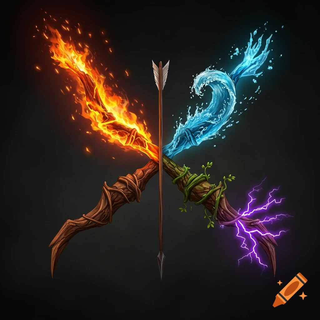 A fantasy longbow shaped like an X made of fire, water, wood with vines, and lightning.