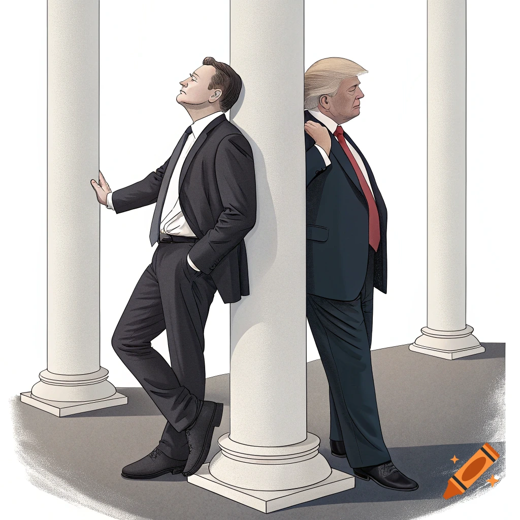 Illustration of two men, one resembling Elon Musk and the other Donald Trump, leaning against classical white columns.