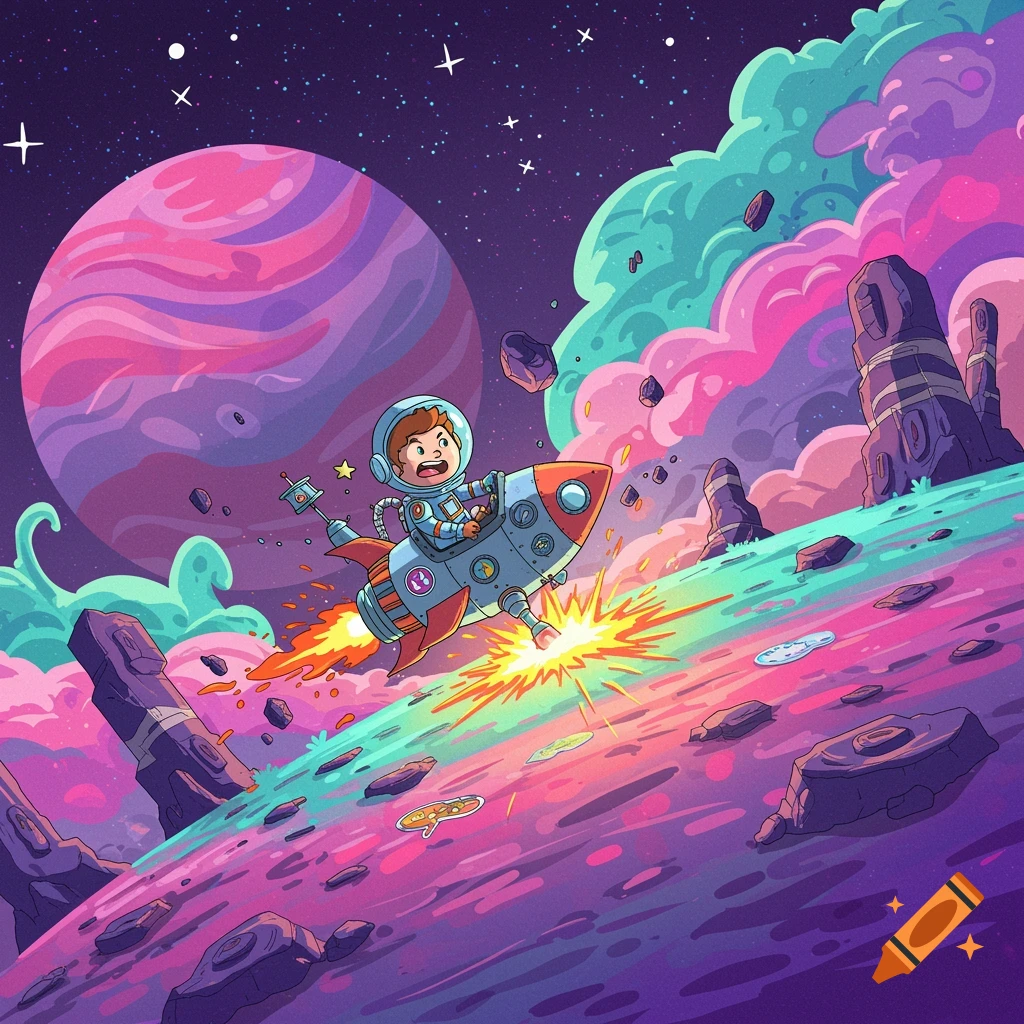 Cartoon astronaut boy crashes spaceship on colorful alien planet