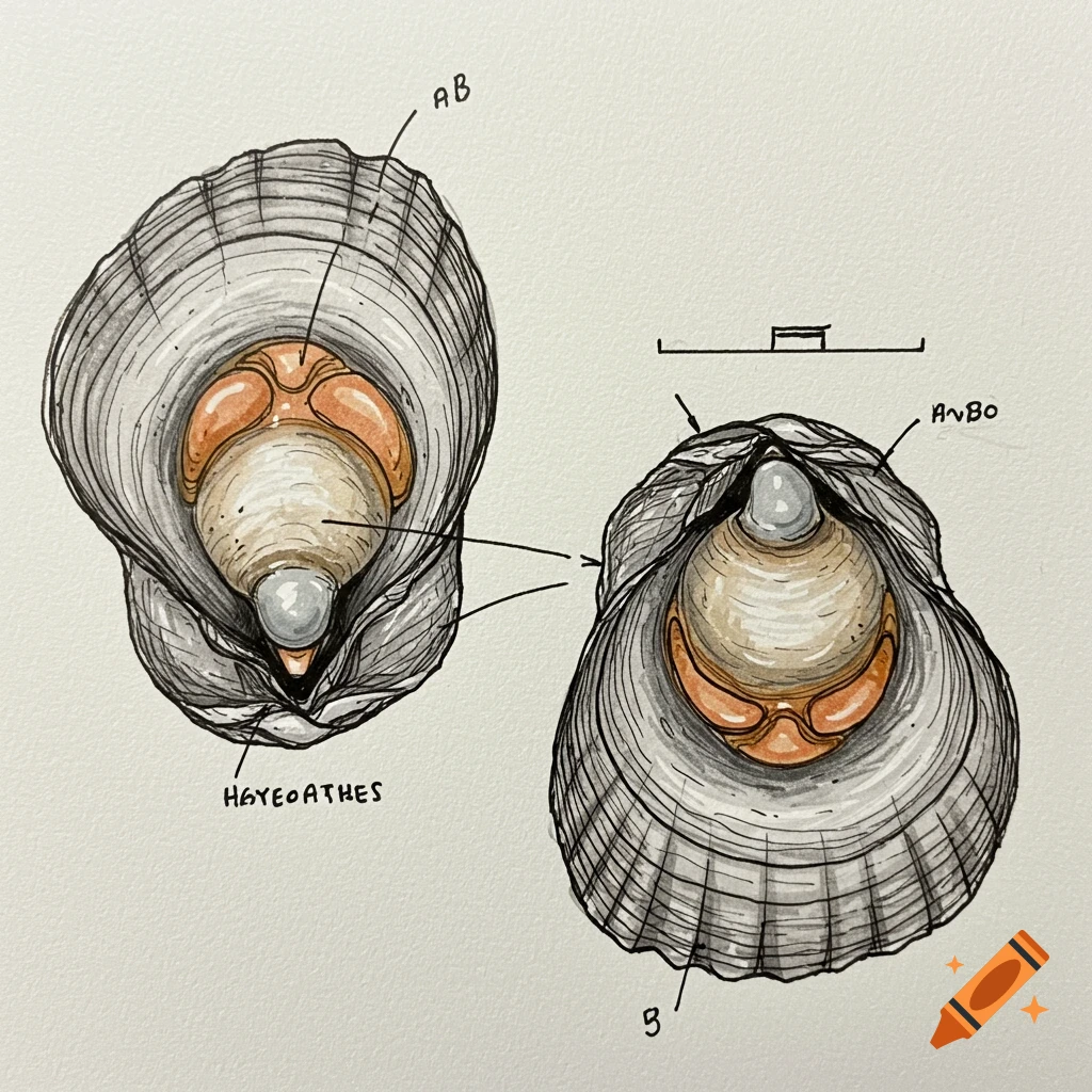 Illustrated sketch of two bivalve mollusks with anatomical labels and a scale bar.