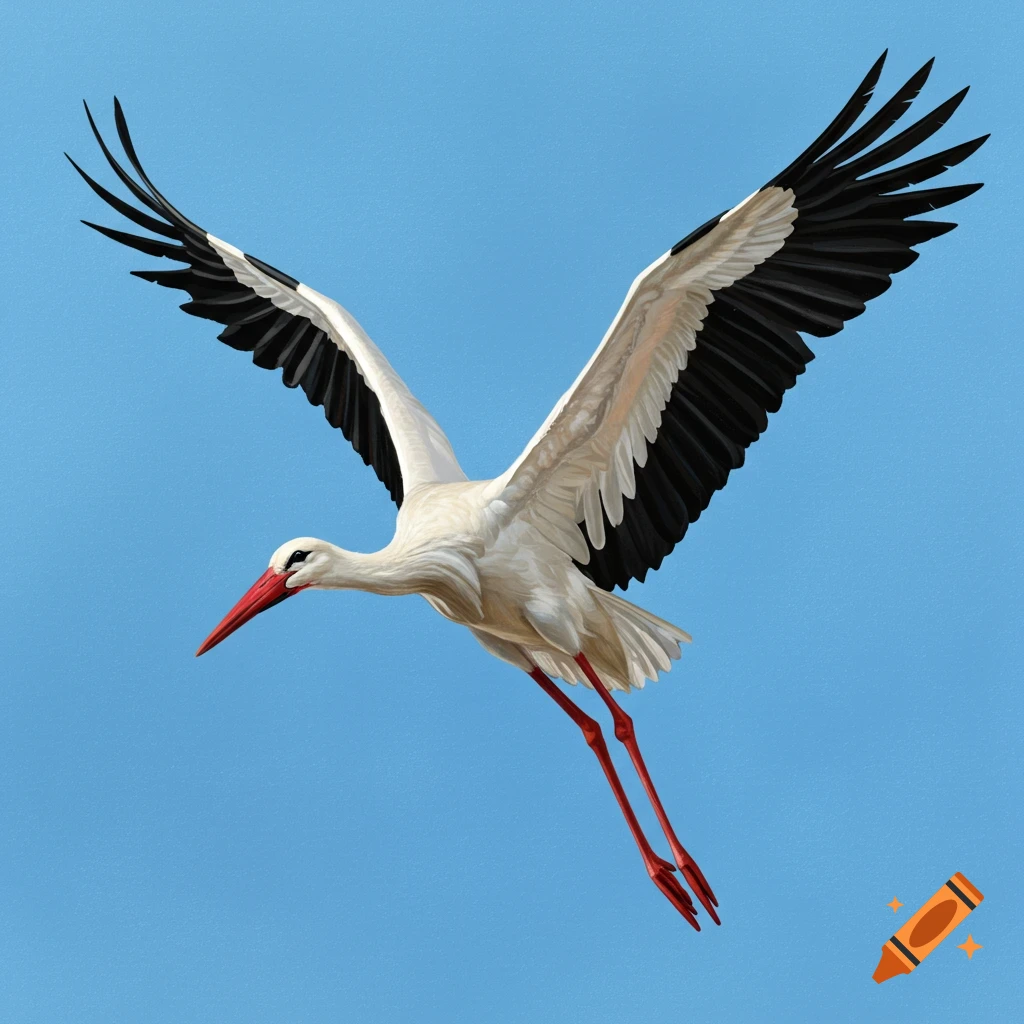 An illustration of a stork flying against a blue sky.