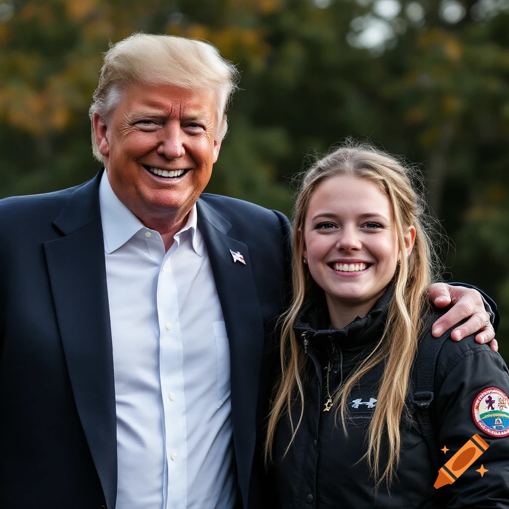 Photorealistic image of Donald Trump and Greta Thunberg smiling for a photo outdoors.