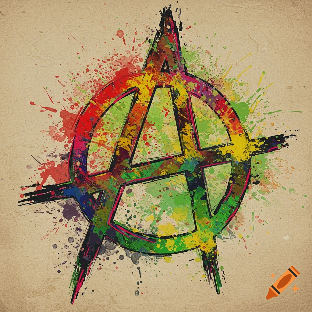 Anarchy symbol in colorful paint splatters on a grunge background