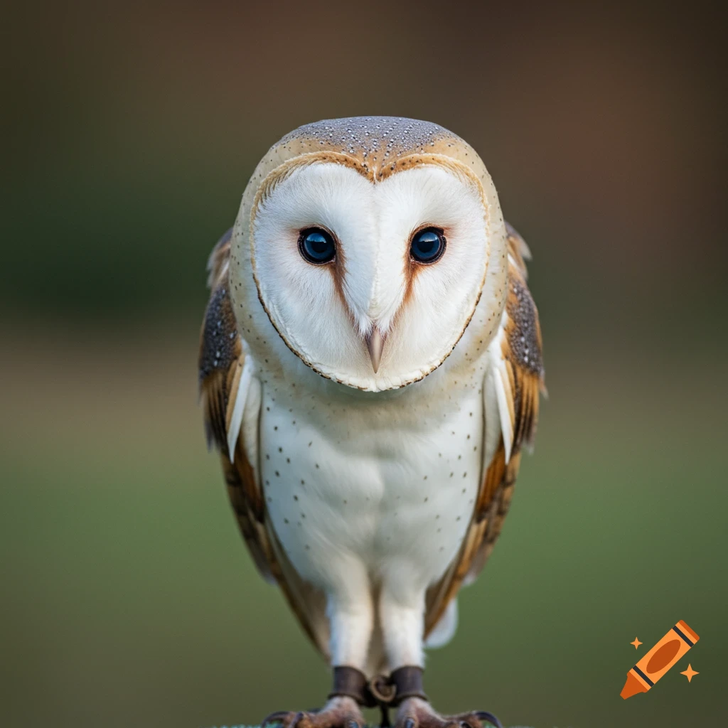 A barn owl with bright blue eyes stares directly at the viewer.