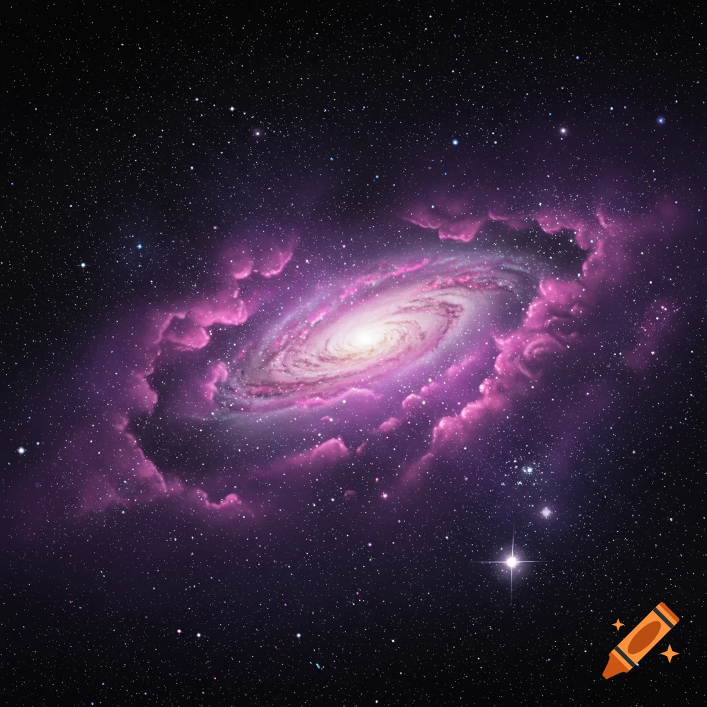 Realistic drawing of a spiral galaxy with pink nebula in a starry deep space.