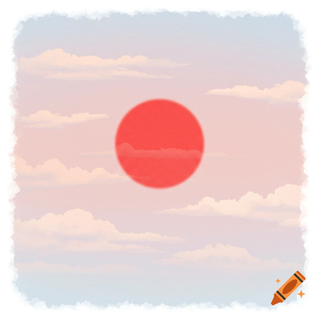 Watercolor painting of a red sun against a sky with clouds