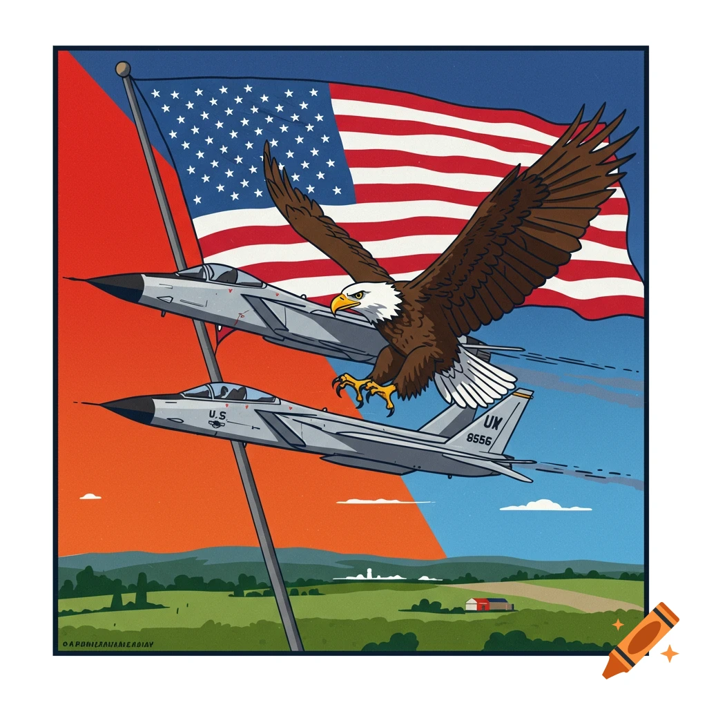 Two military jets and a bald eagle fly in front of a large American flag over a landscape.
