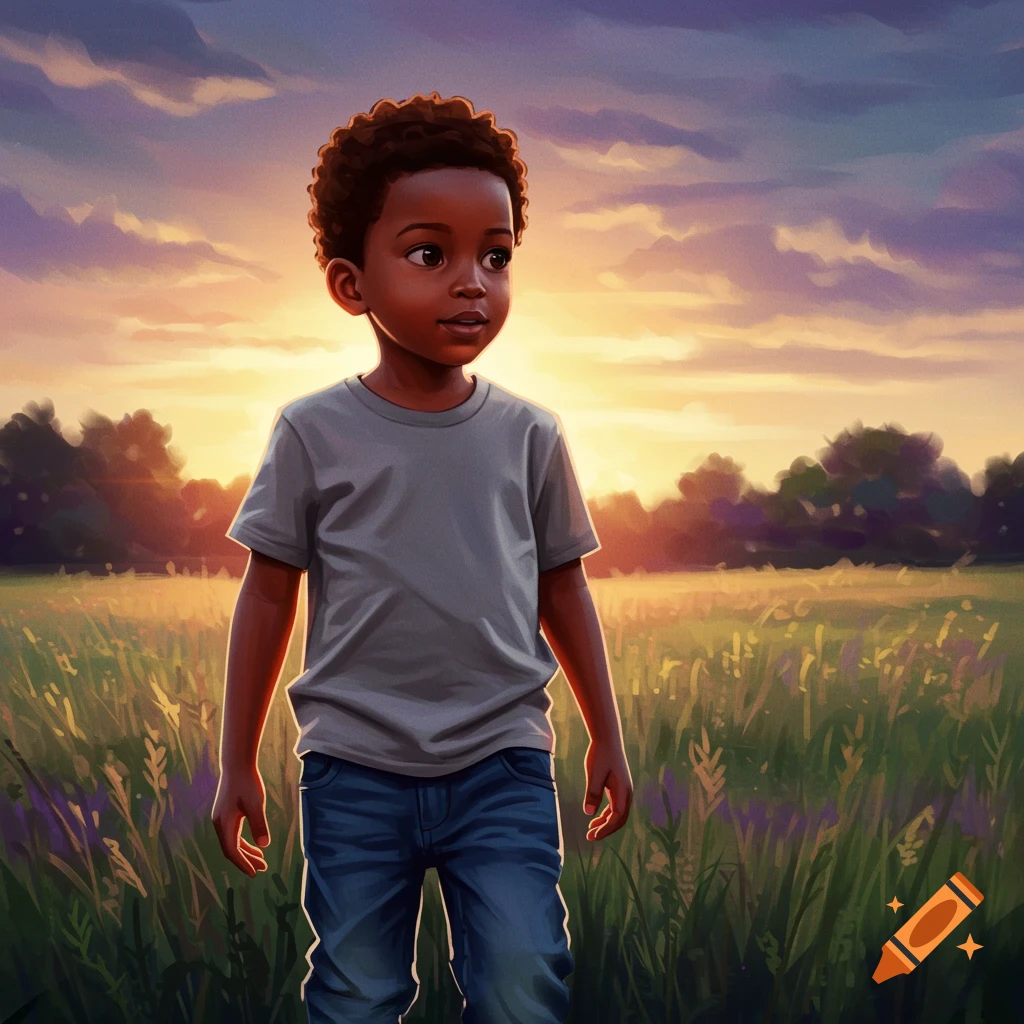 An illustration of a boy standing in a field at sunset.
