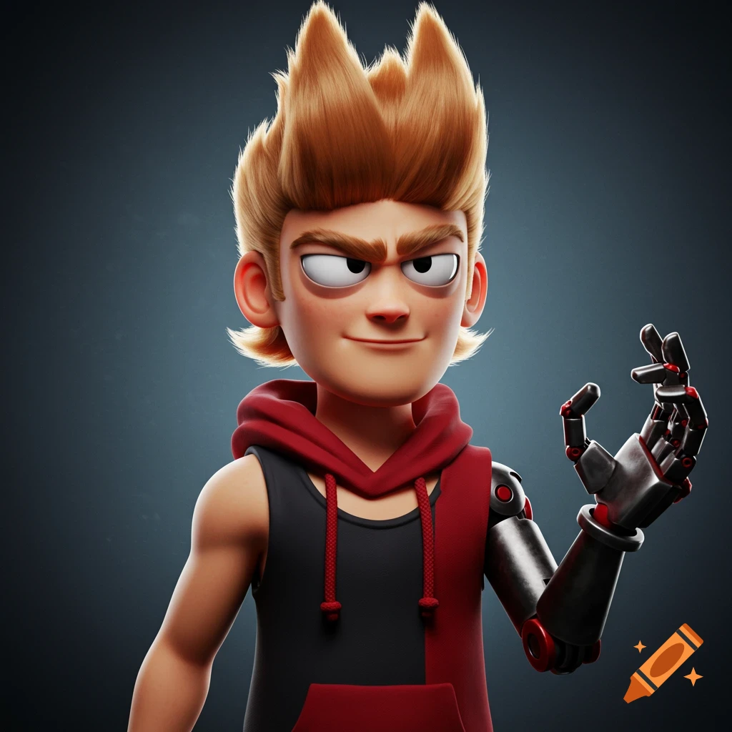 3D rendering of a stylized character with spiky blond hair, a red and black vest, and a robotic left arm, smirking.