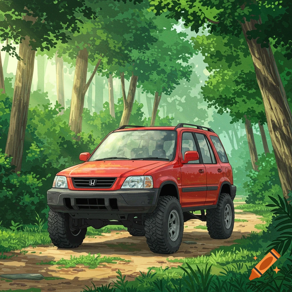 A red Honda CRV lifted on a dirt path in a forest, in a Studio Ghibli art style.