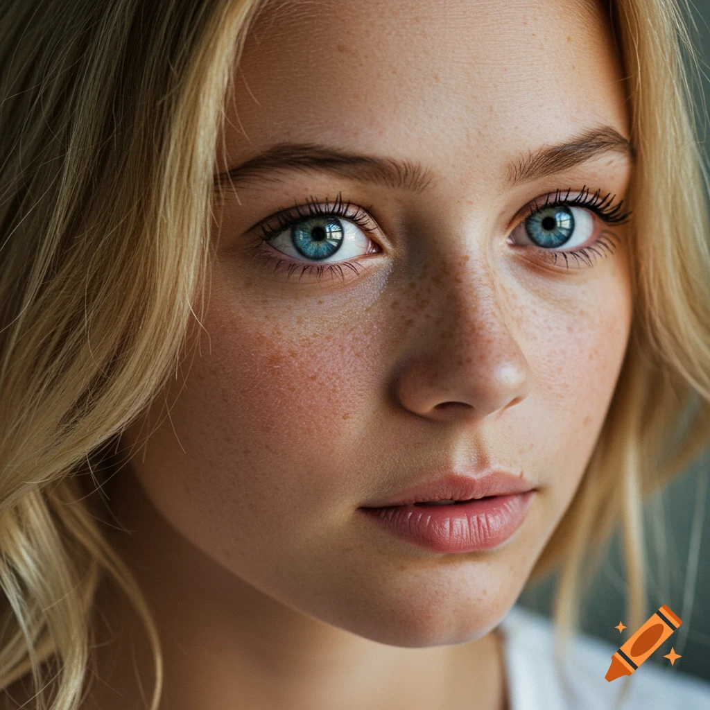 Close-up portrait of a young woman with blonde hair, blue eyes, and freckles, photorealistic style.
