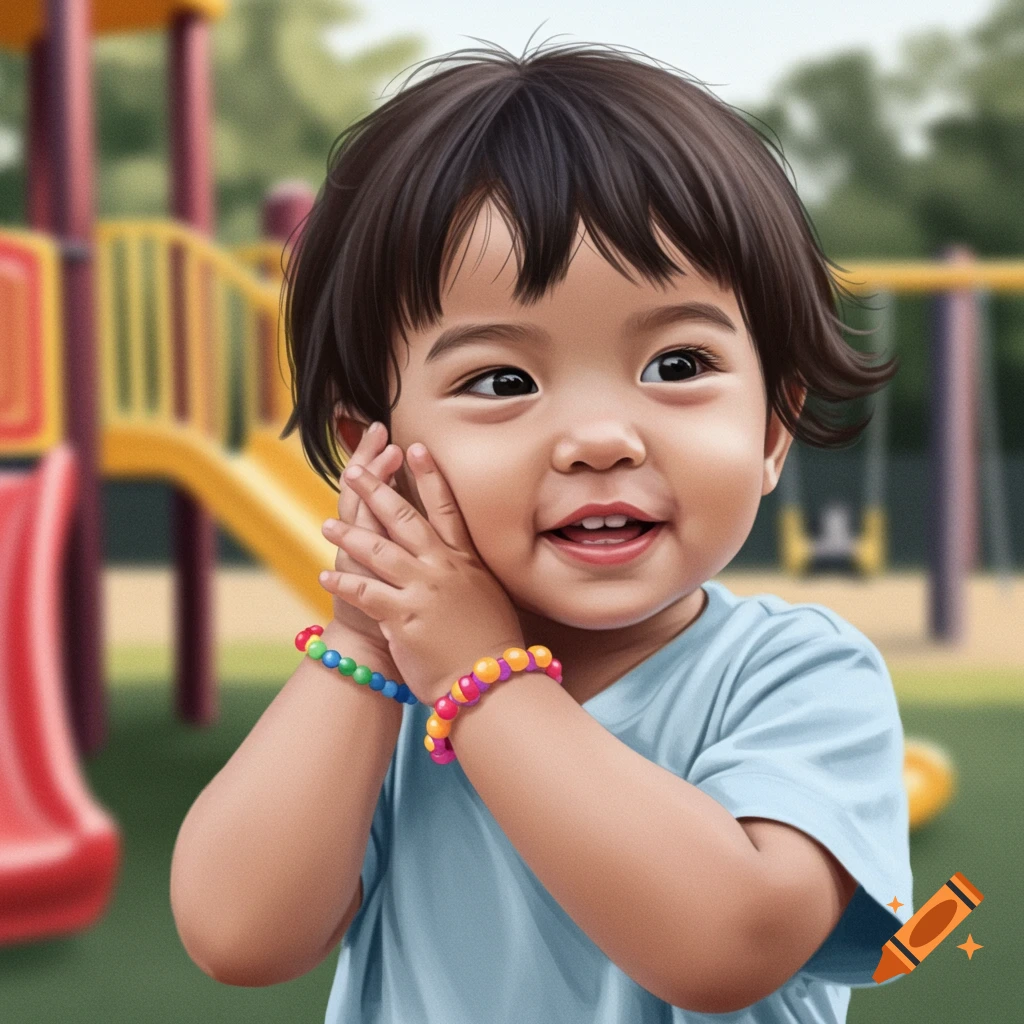 A smiling toddler with dark hair and colorful bracelets clasps hands at a playground.