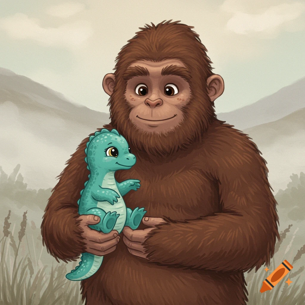 A friendly cartoon Bigfoot gently holds a cute baby turquoise dinosaur.