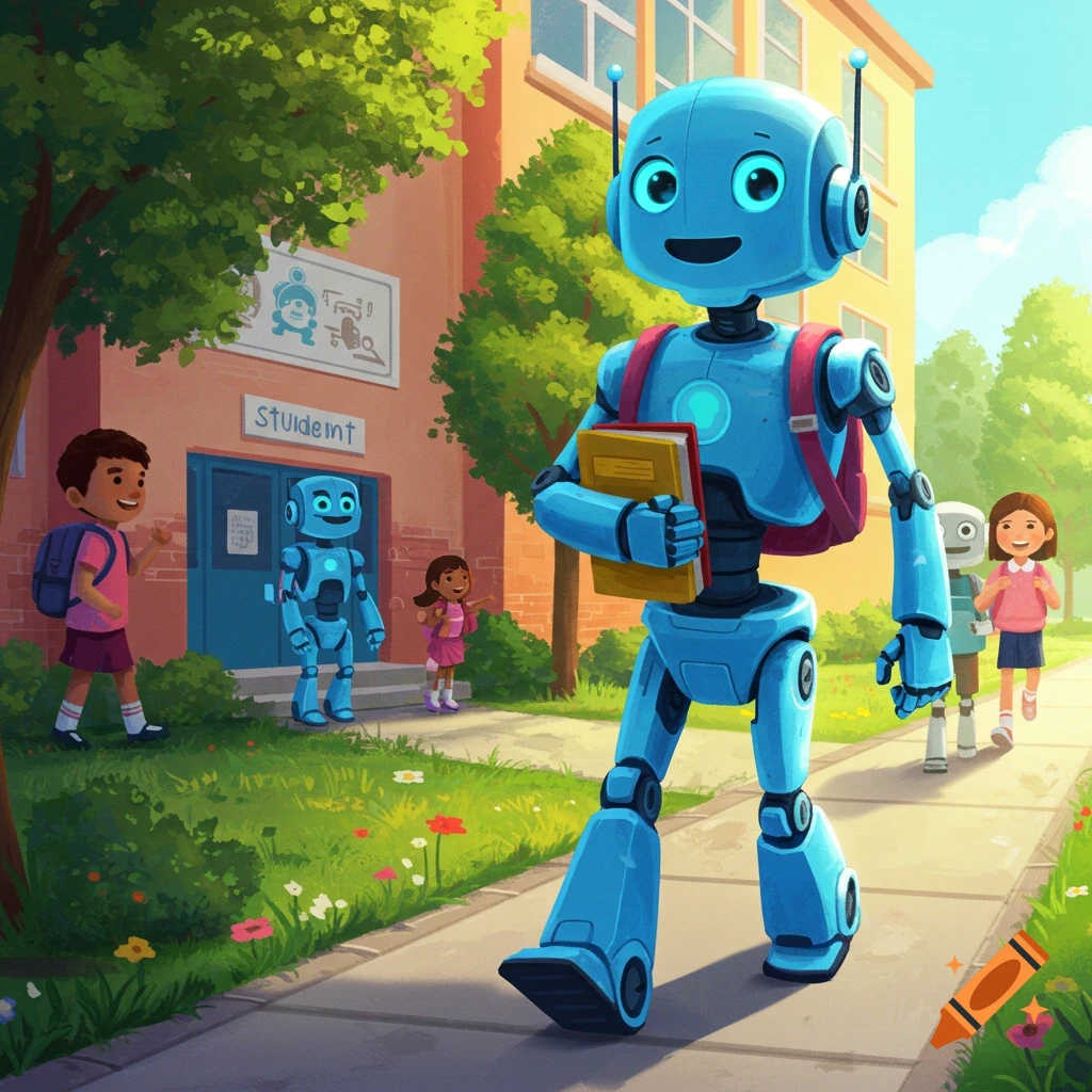 A blue robot with a backpack walks toward a school building with children and other robots in an illustration.
