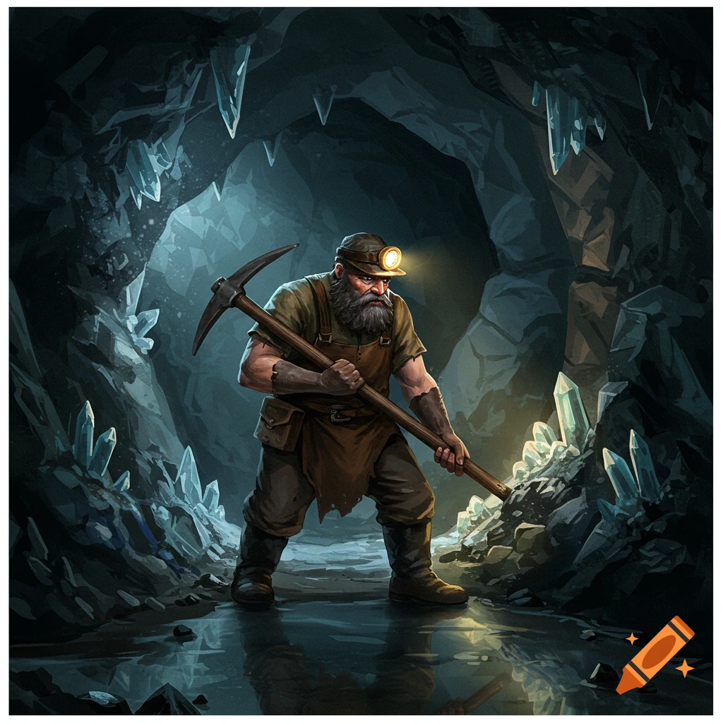A stylized illustration of a bearded miner with a pickaxe in a dark cave illuminated by his headlamp and glowing crystals.
