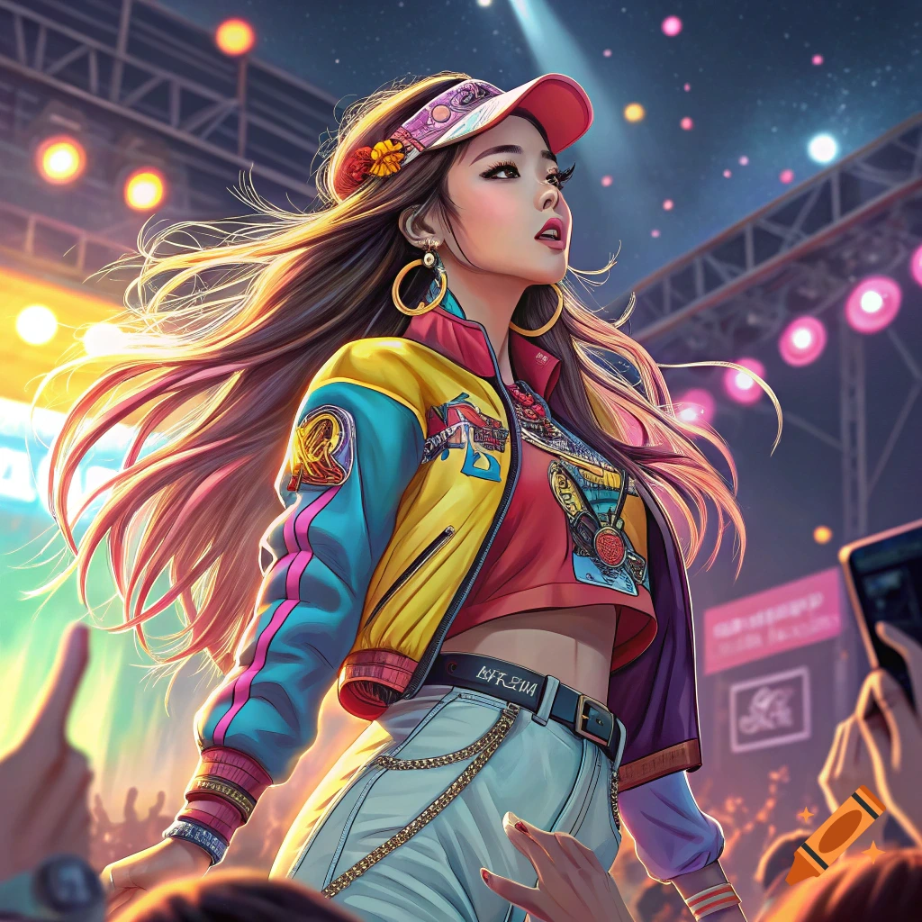 K-Pop idol performing on stage wearing a colorful jacket and cap, illustration style.